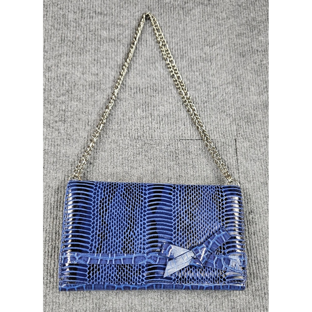 White House Black Market Blue Snakeskin Embossed Patent Bow Wallet Clutch Bag